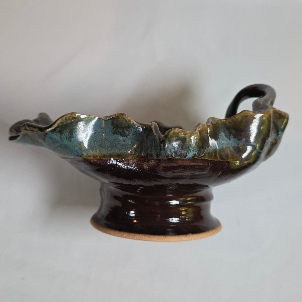 Handmade Studio Pottery Teal Brown Textured Pedestal Handle Bowl Artisan Signed - Picture 7 of 10